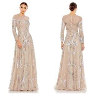 Mac Duggal 5217 Long Sleeve Embellished Illusion Evening Gown Nude Size 8 NWT